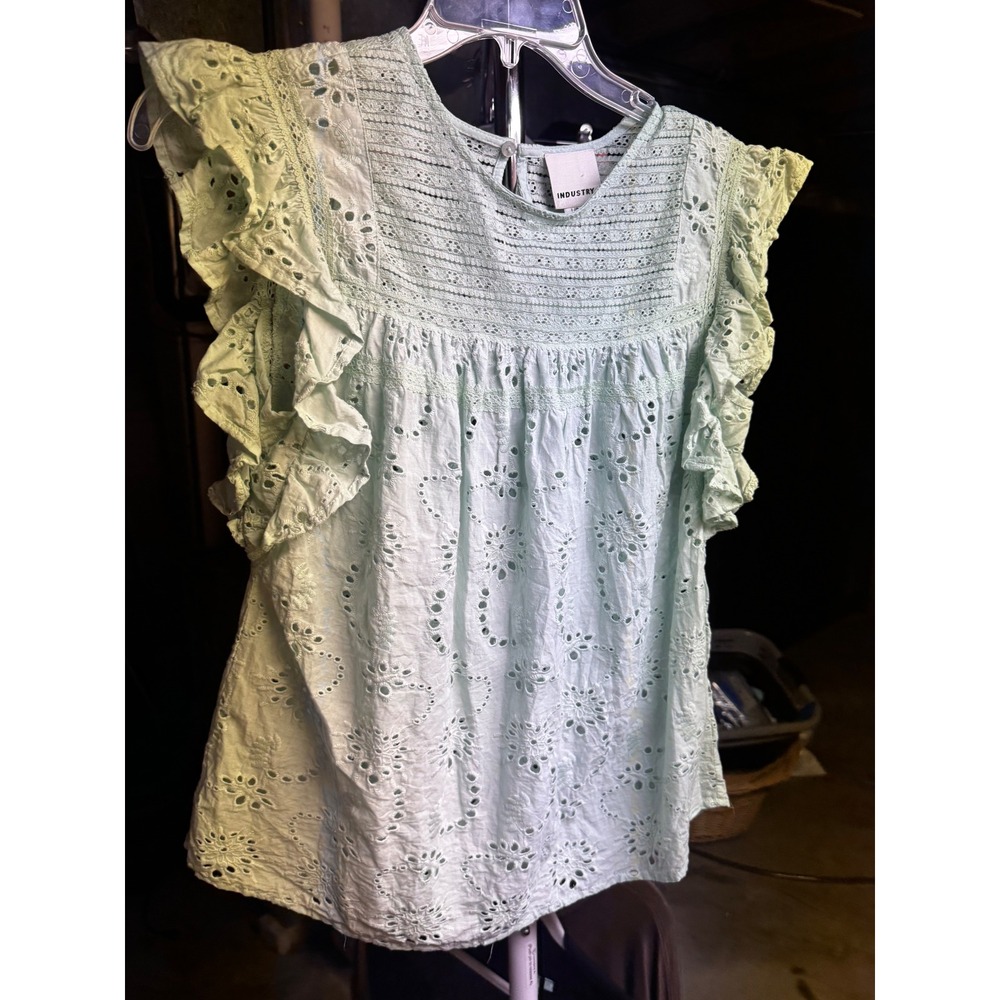 Industry Republic Clothing Mint Green Eyelet Lace Ruffle Sleeve Top Large